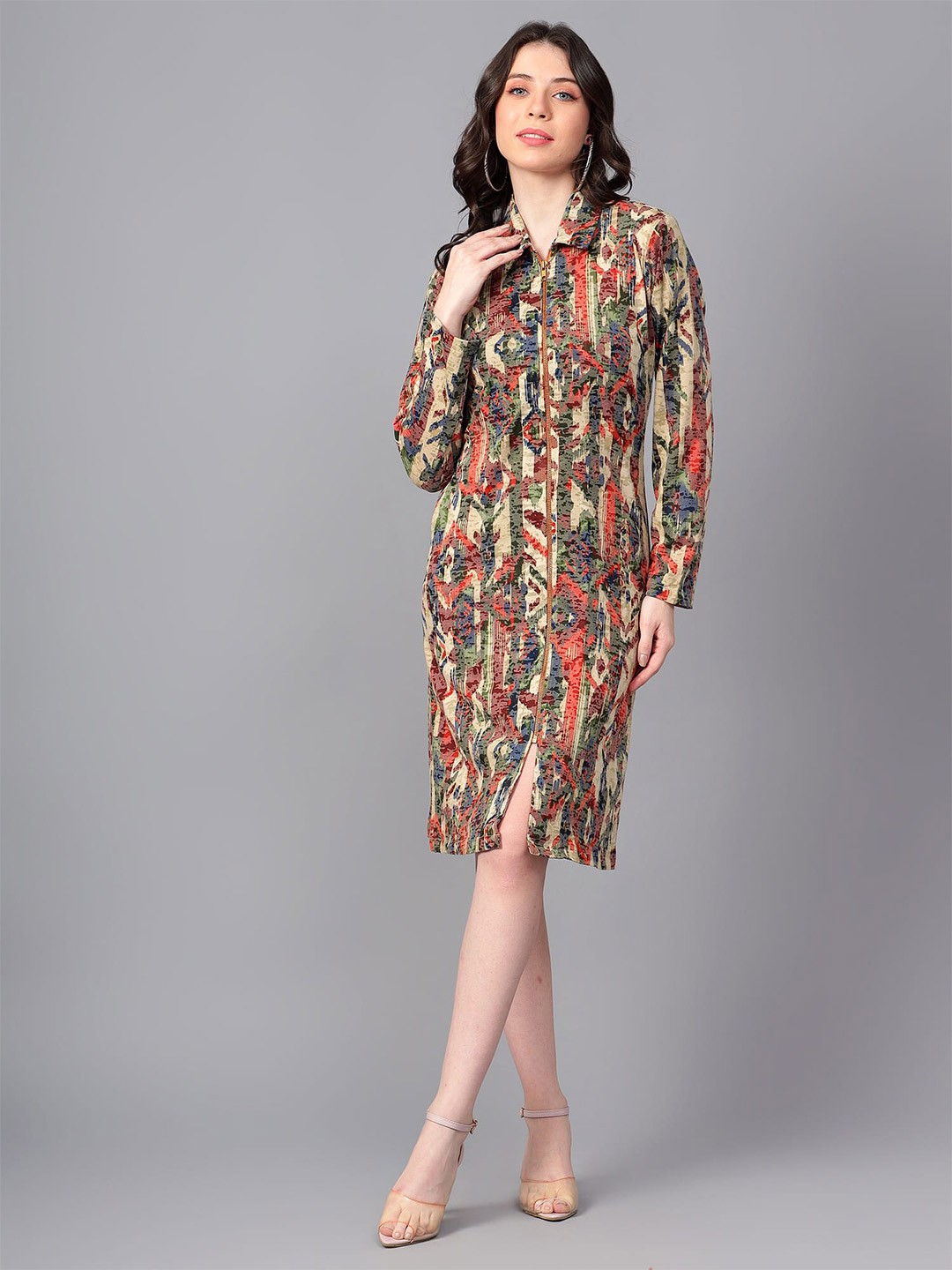 

Hencemade Abstract Printed Shirt Collar Cotton Shirt Dress, Beige