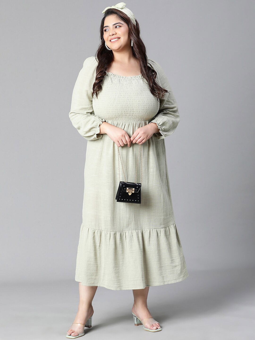 

Oxolloxo Plus Size Round Neck Organic Cotton Midi Dress, Green