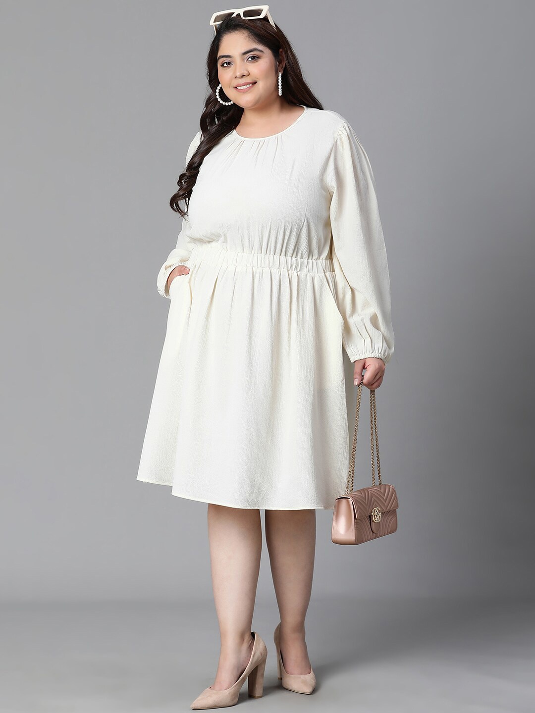 

Oxolloxo Plus Size Round Neck Fit & Flare Dress, Cream