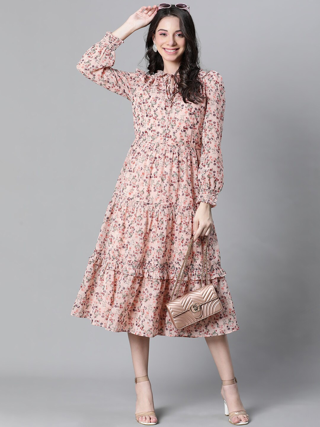 

Oxolloxo Floral Printed Tie-Up Neck Puff Sleeve Tiered Fit & flared Dress, Peach