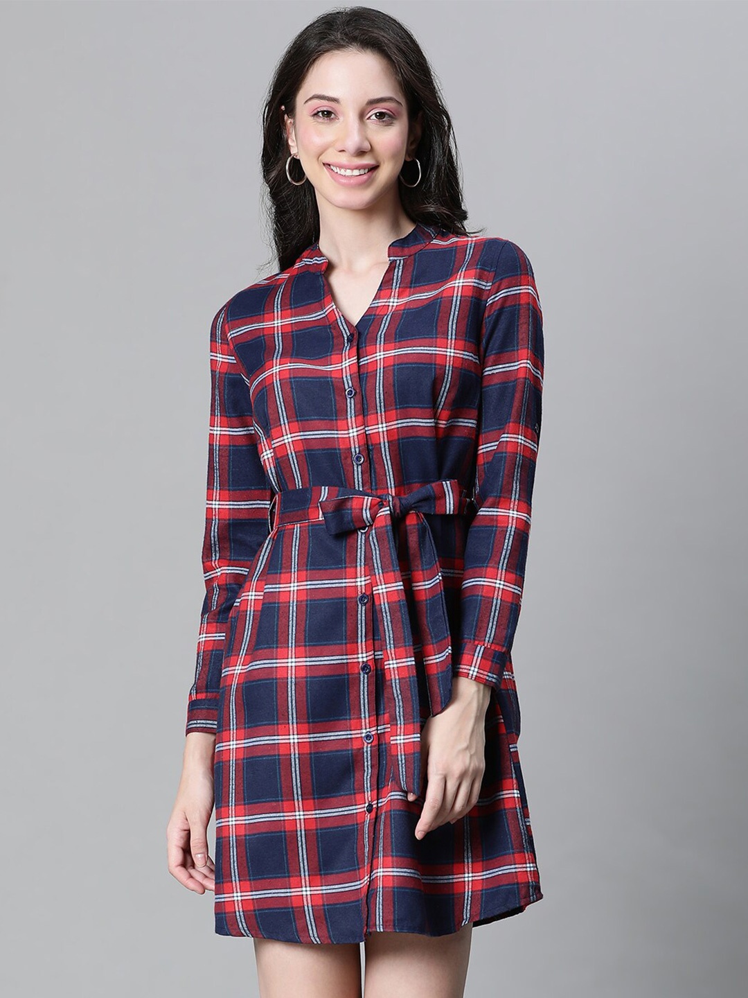 

Oxolloxo Checked Mandarin Collar Long Sleeve Tie-Ups Organic Cotton Shirt Dress, Navy blue