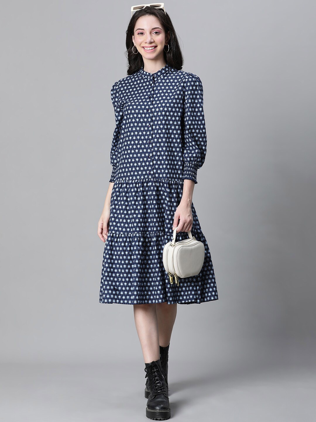 

Oxolloxo Ethnic Motifs Print Mandarin Collar Organic Cotton Shirt Dress, Blue