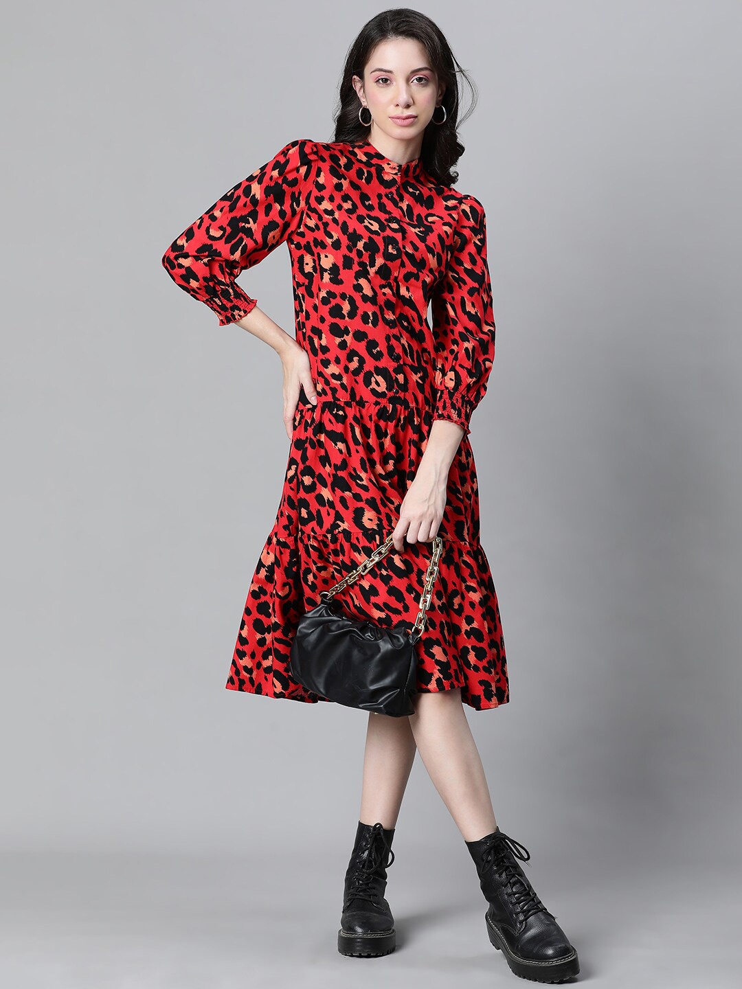 

Oxolloxo Abstract Printed Mandarin Collar Puff Sleeves Pure Cotton Shirt Midi Dress, Red