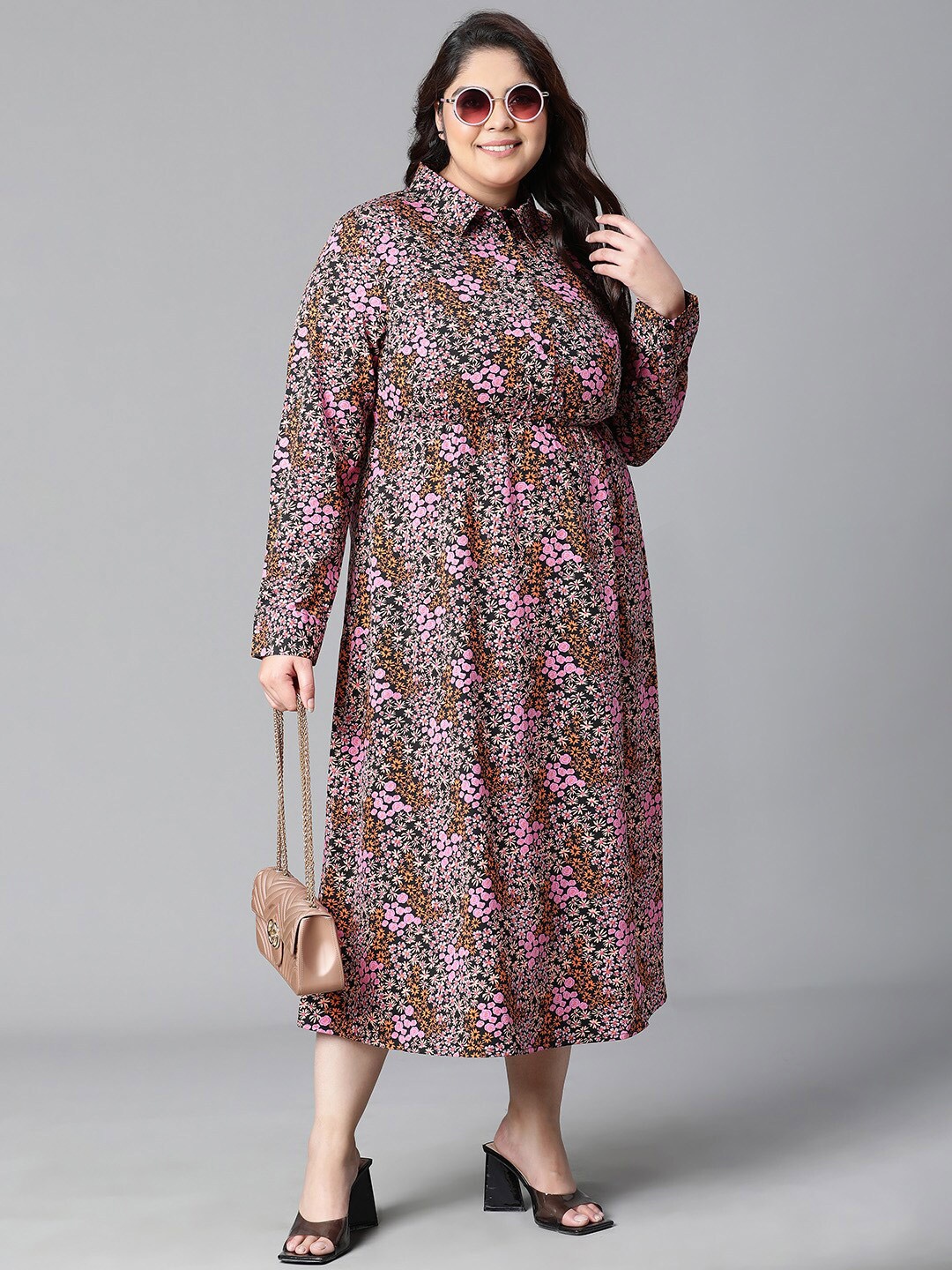 

Oxolloxo Plus Size Floral Printed Shirt Midi Dress, Black