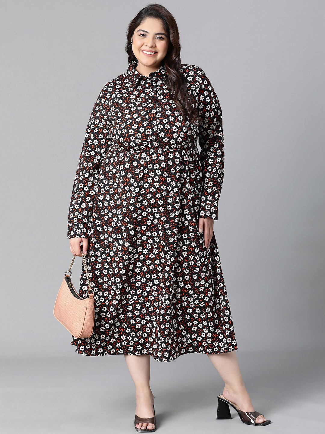 

Oxolloxo Plus Size Floral Printed Shirt Midi Dress, Black