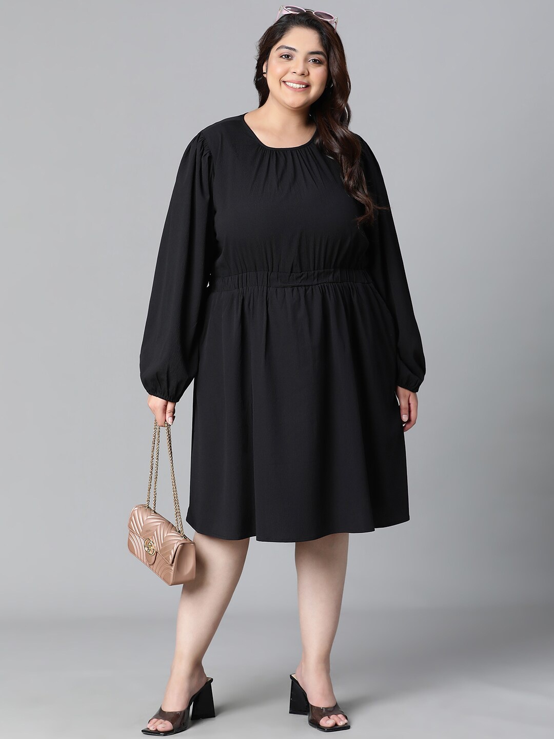 

Oxolloxo Plus Size Puff Sleeves Tie Up Fit and Flare Dress, Black