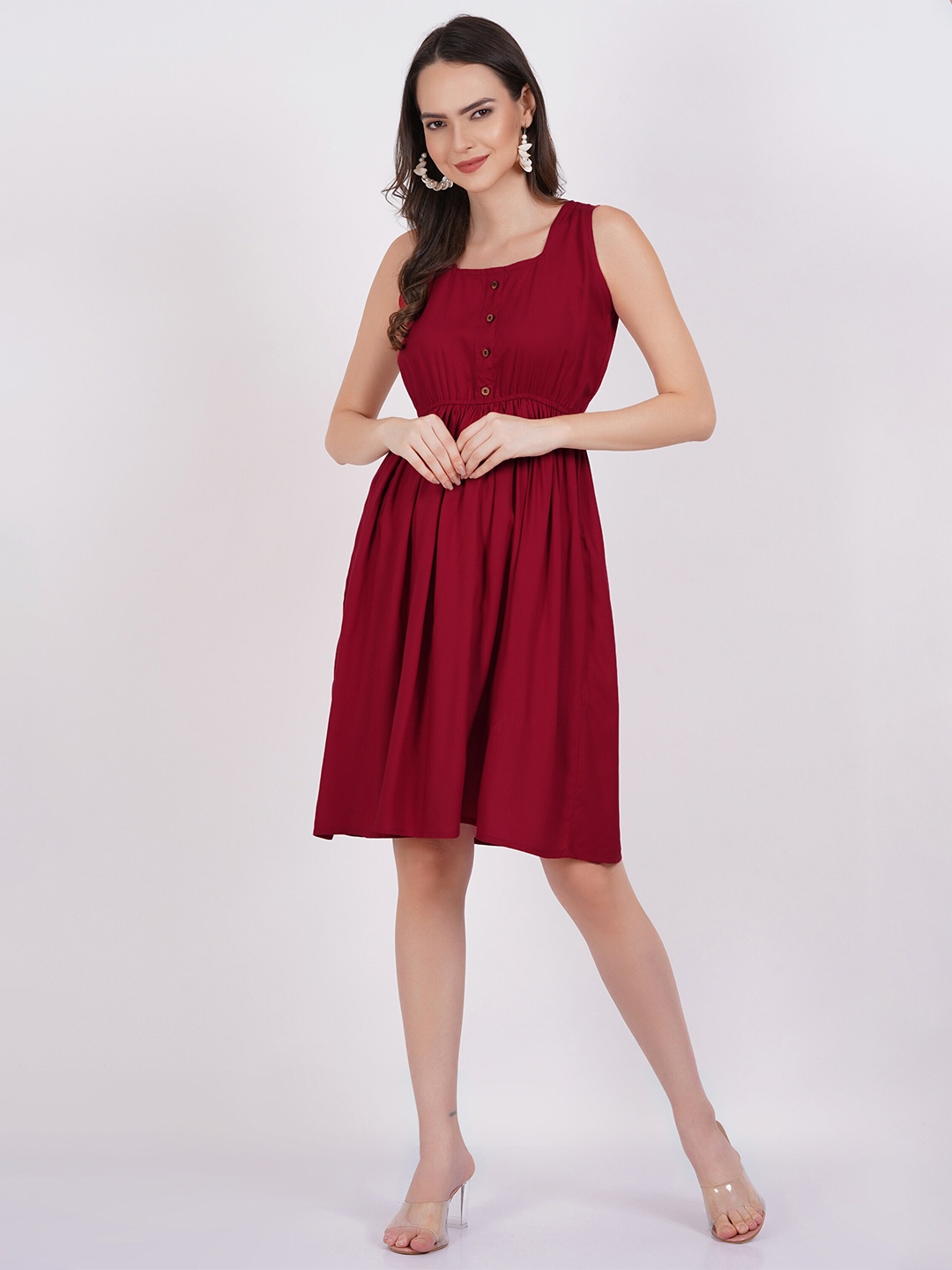 

PURSHOTTAM WALA Square Neck Sleeveless Fit & Flare Dress, Maroon