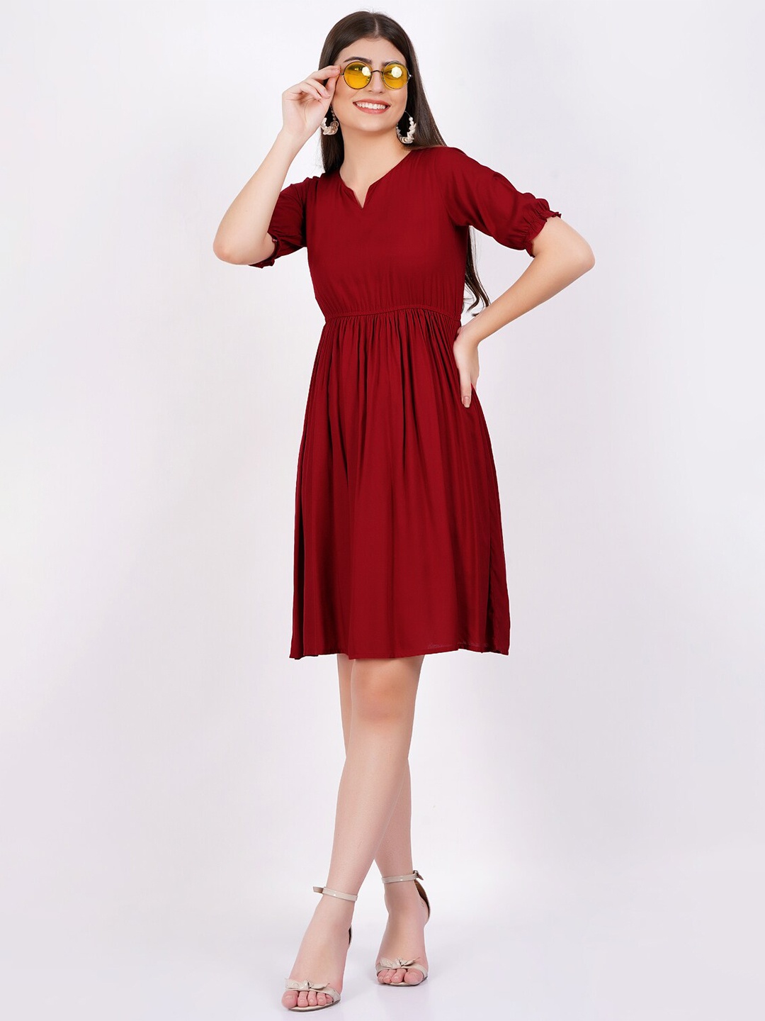 

PURSHOTTAM WALA Puff Sleeves Fit & Flare Dress, Maroon