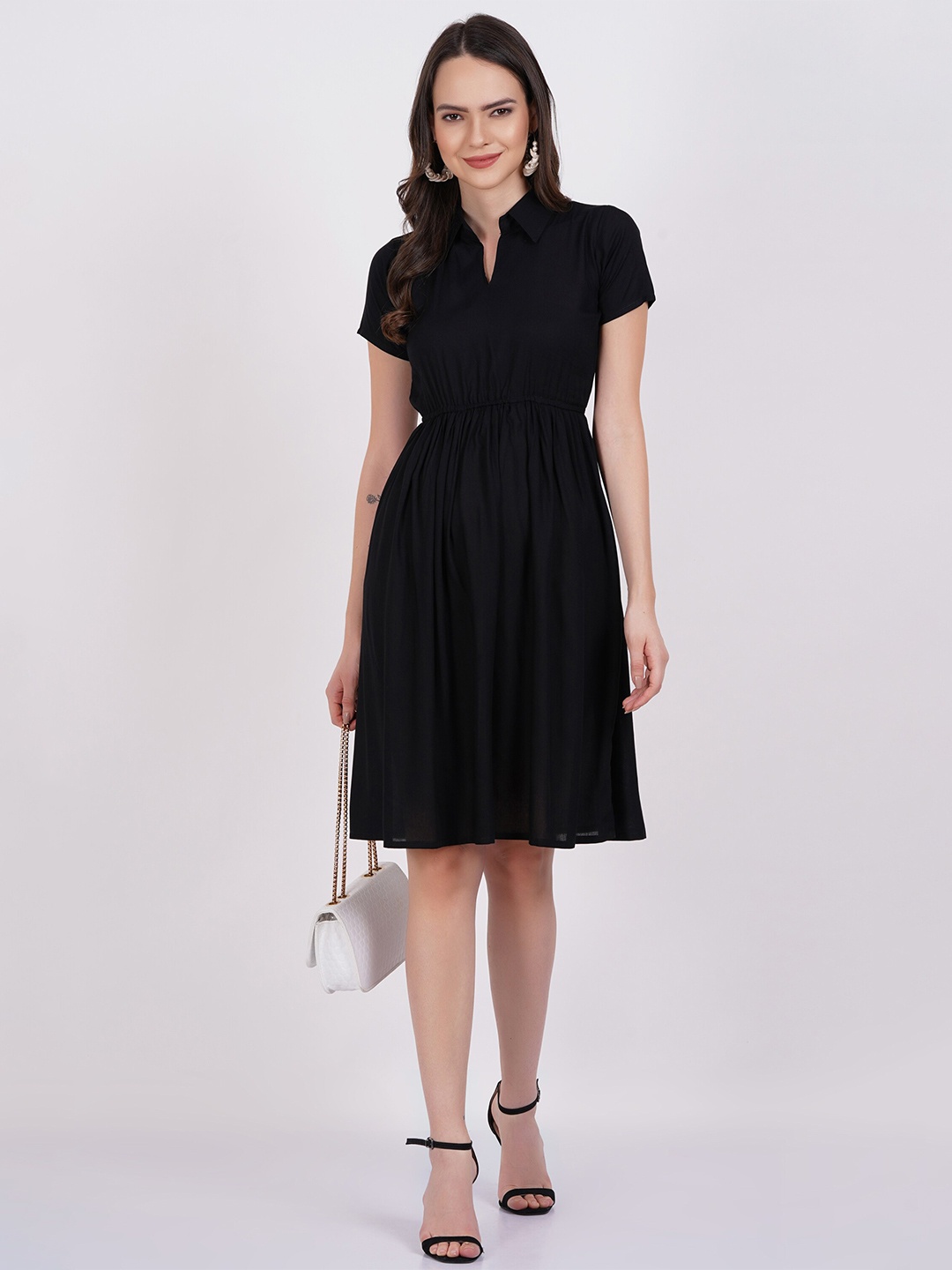 

PURSHOTTAM WALA Shirt Collar Fit & Flare Dress, Black