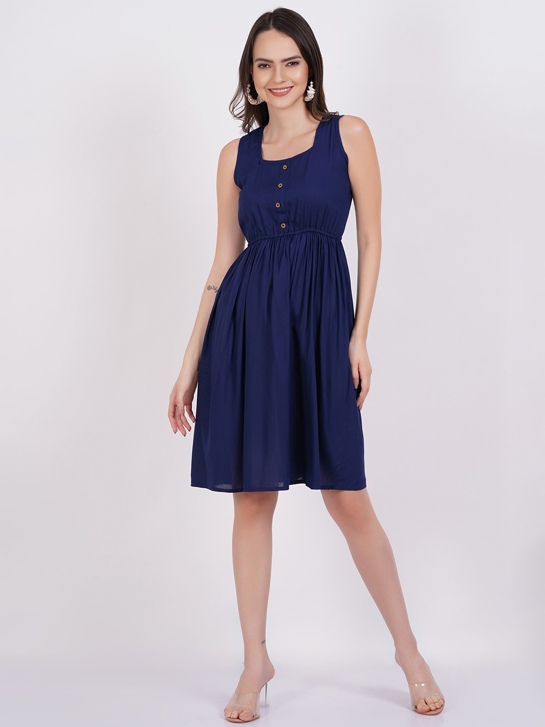 

PURSHOTTAM WALA Square Neck Sleeveless Fit & Flare Dress, Blue