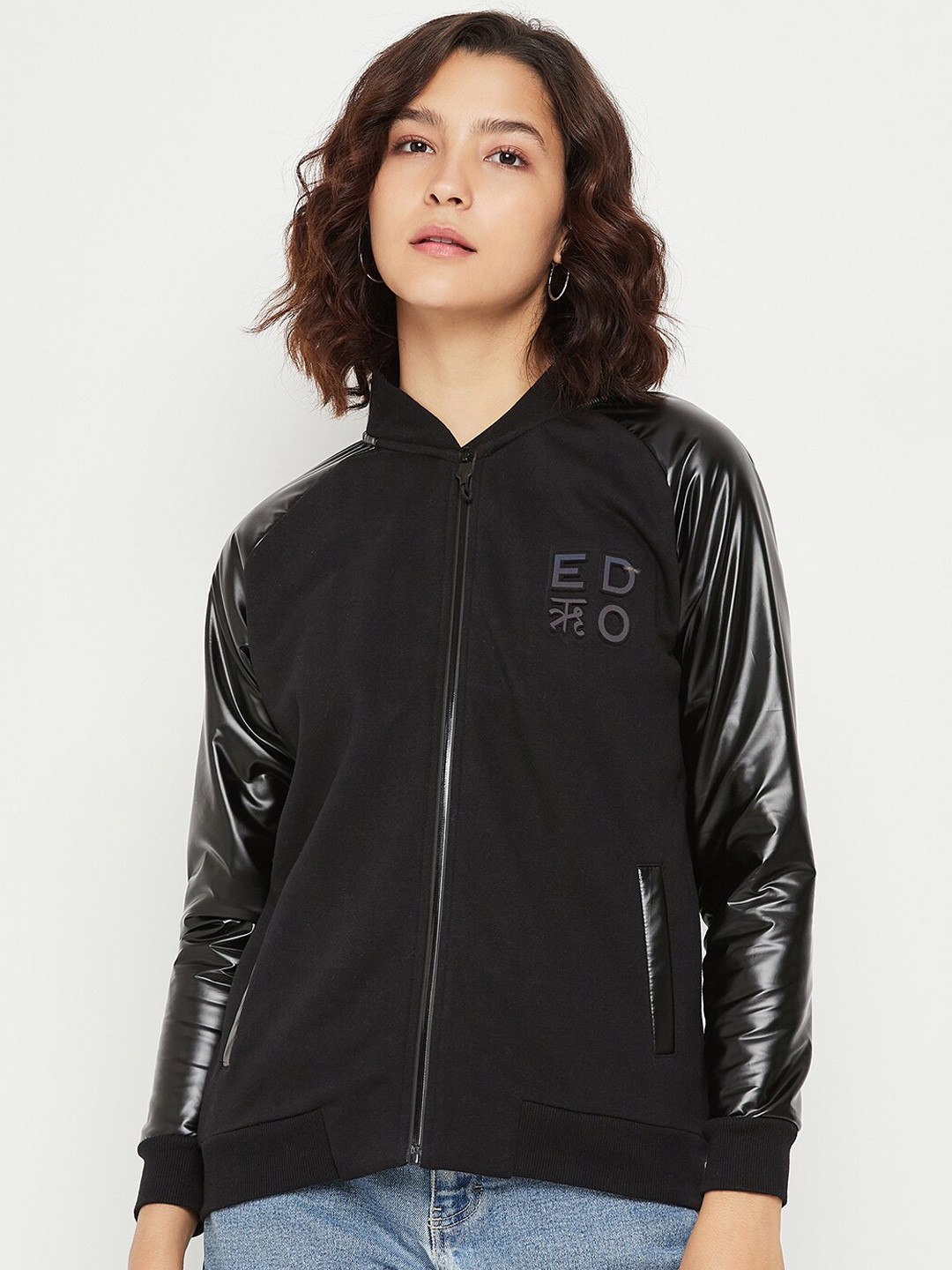 

EDRIO Embossed Detailed Long Sleeves Woollen Bomber Jacket, Black
