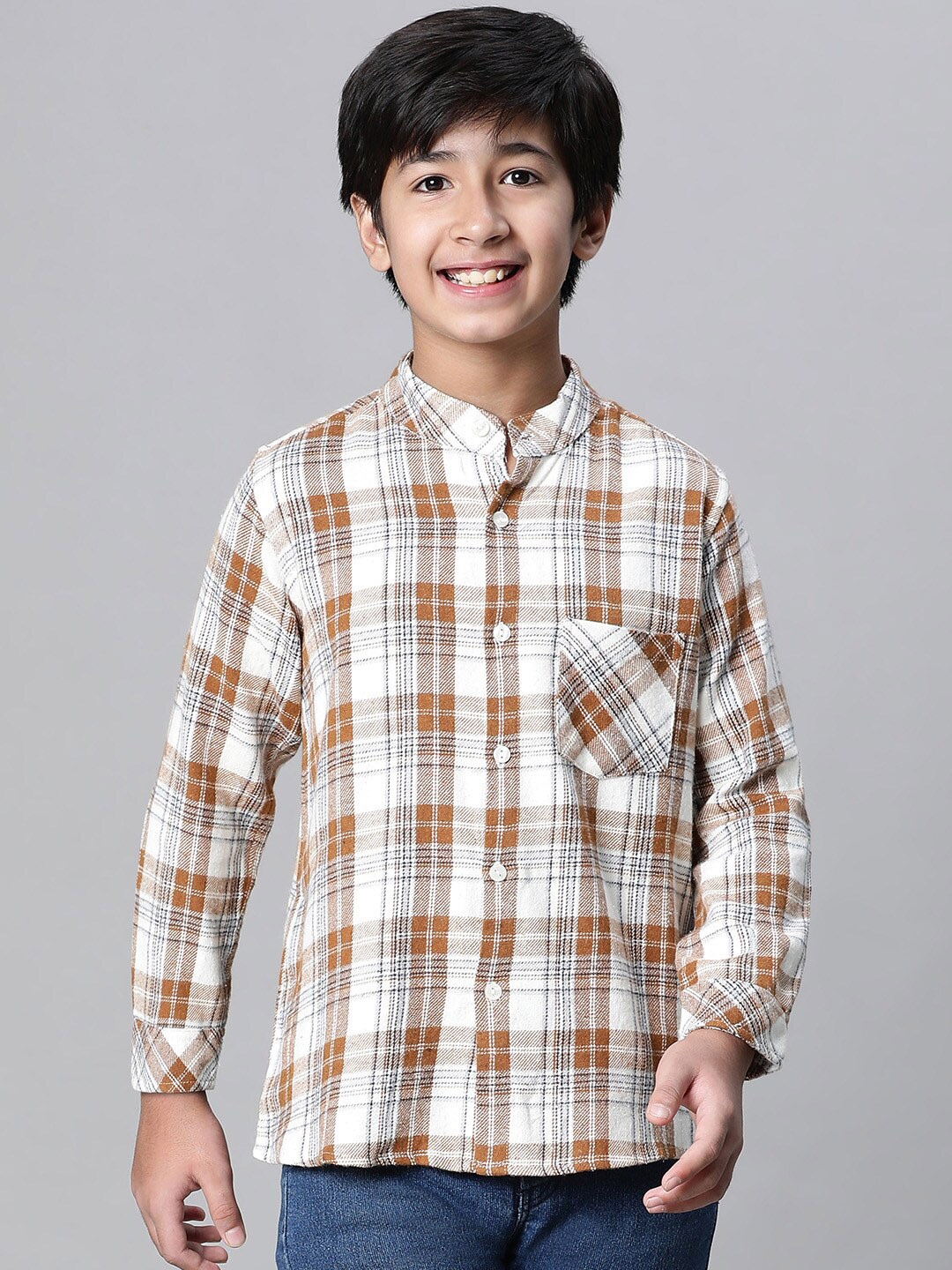 

Oxolloxo Boys Relaxed Tartan Checked Band Collar Cotton Casual Shirt, White