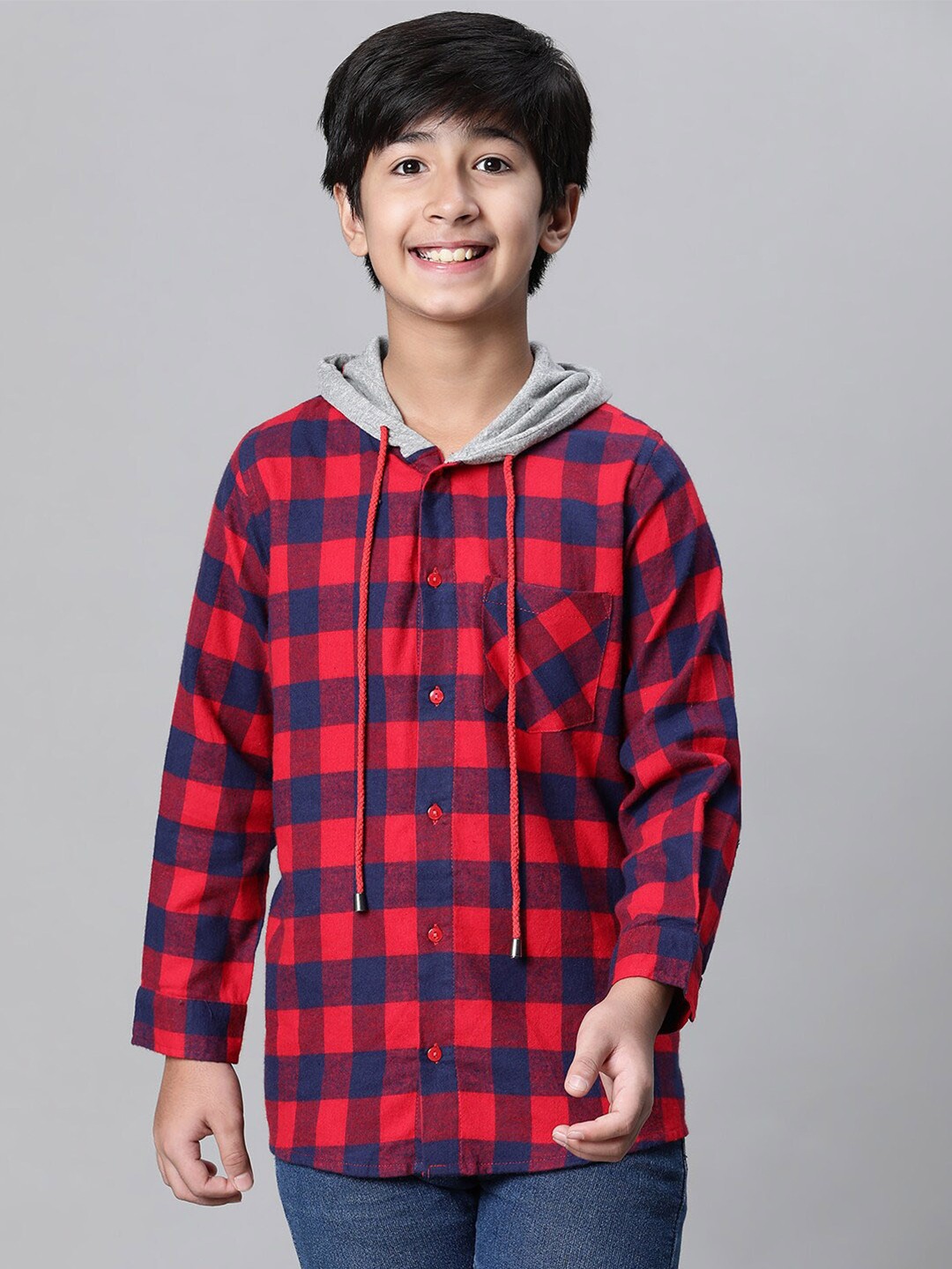 

Oxolloxo Boys Relaxed Buffalo Checked Hooded Cotton Casual Shirt, Red