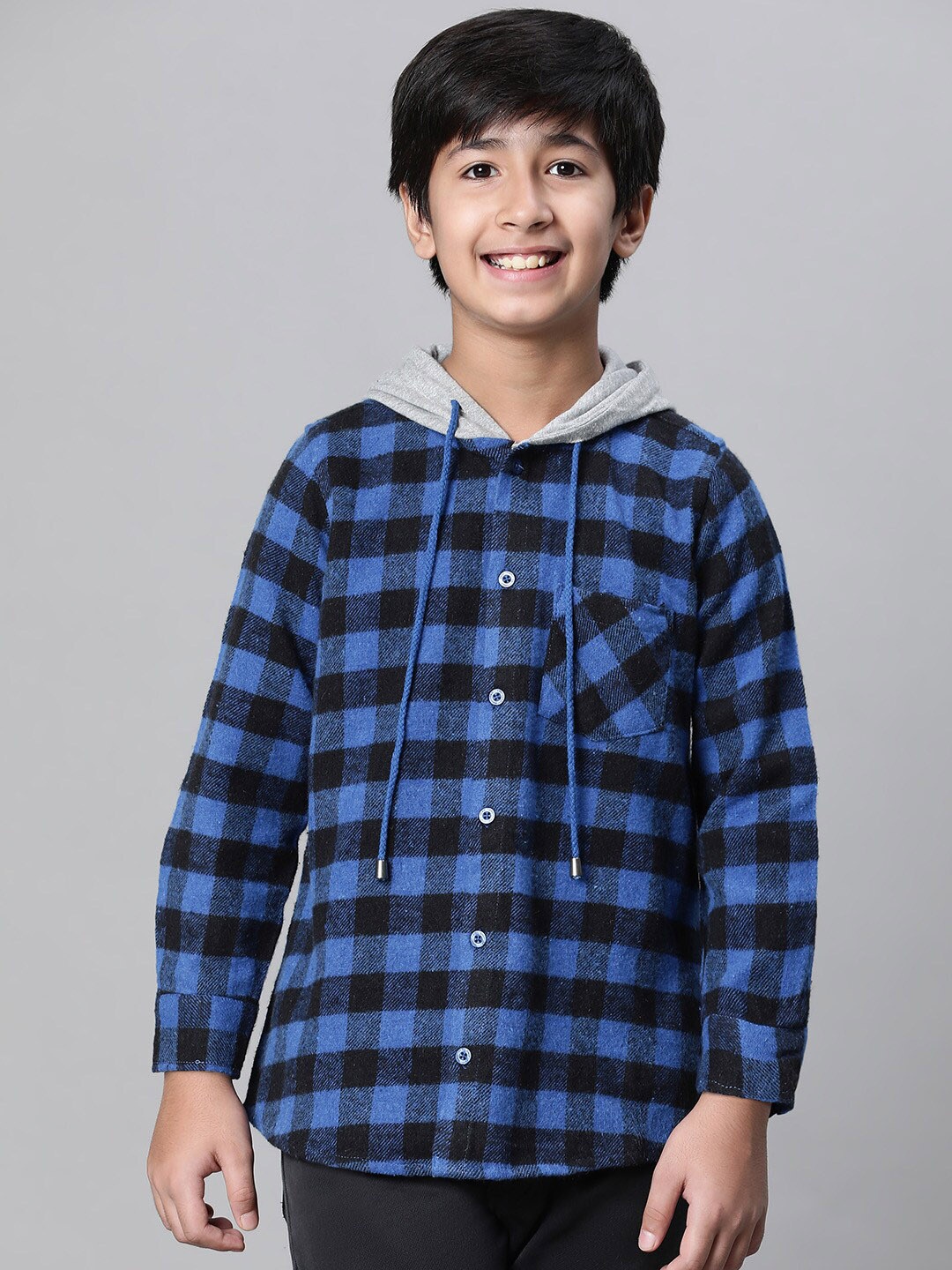 

Oxolloxo Relaxed Buffalo Checked Hooded Cotton Casual Shirt, Blue