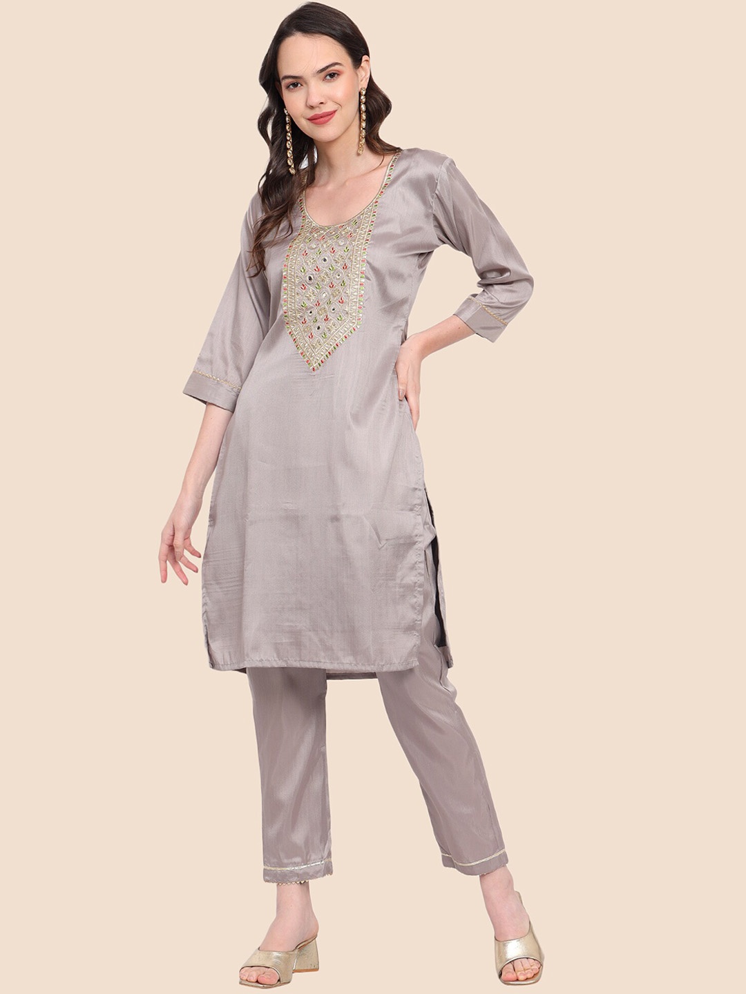 

Tulip Eden Ethnic Motifs Yoke Design Regular Gotta Patti Kurta With Trousers & Dupatta, Grey