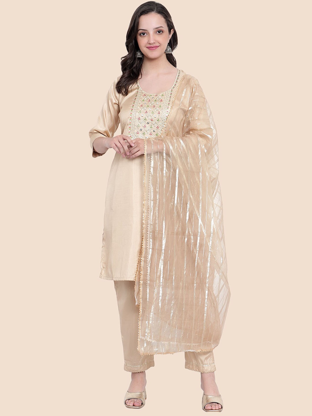 

Tulip Eden Ethnic Motifs Yoke Design Regular Kurta With Trousers & Dupatta, Cream