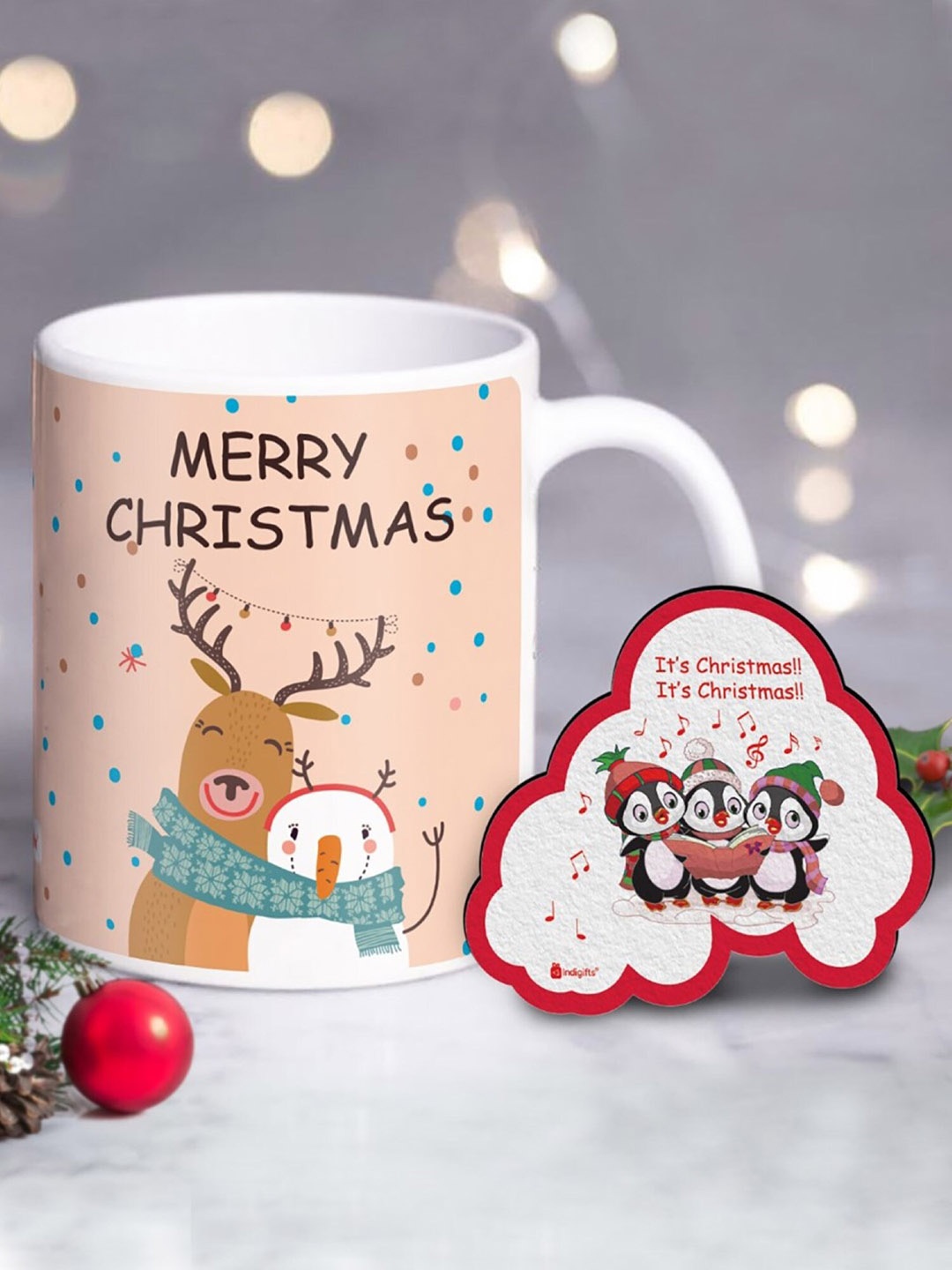 

Indigifts Xmas White Dishwasher Safe Printed Ceramic Glossy Mug & Fridge Magnet 330 ml