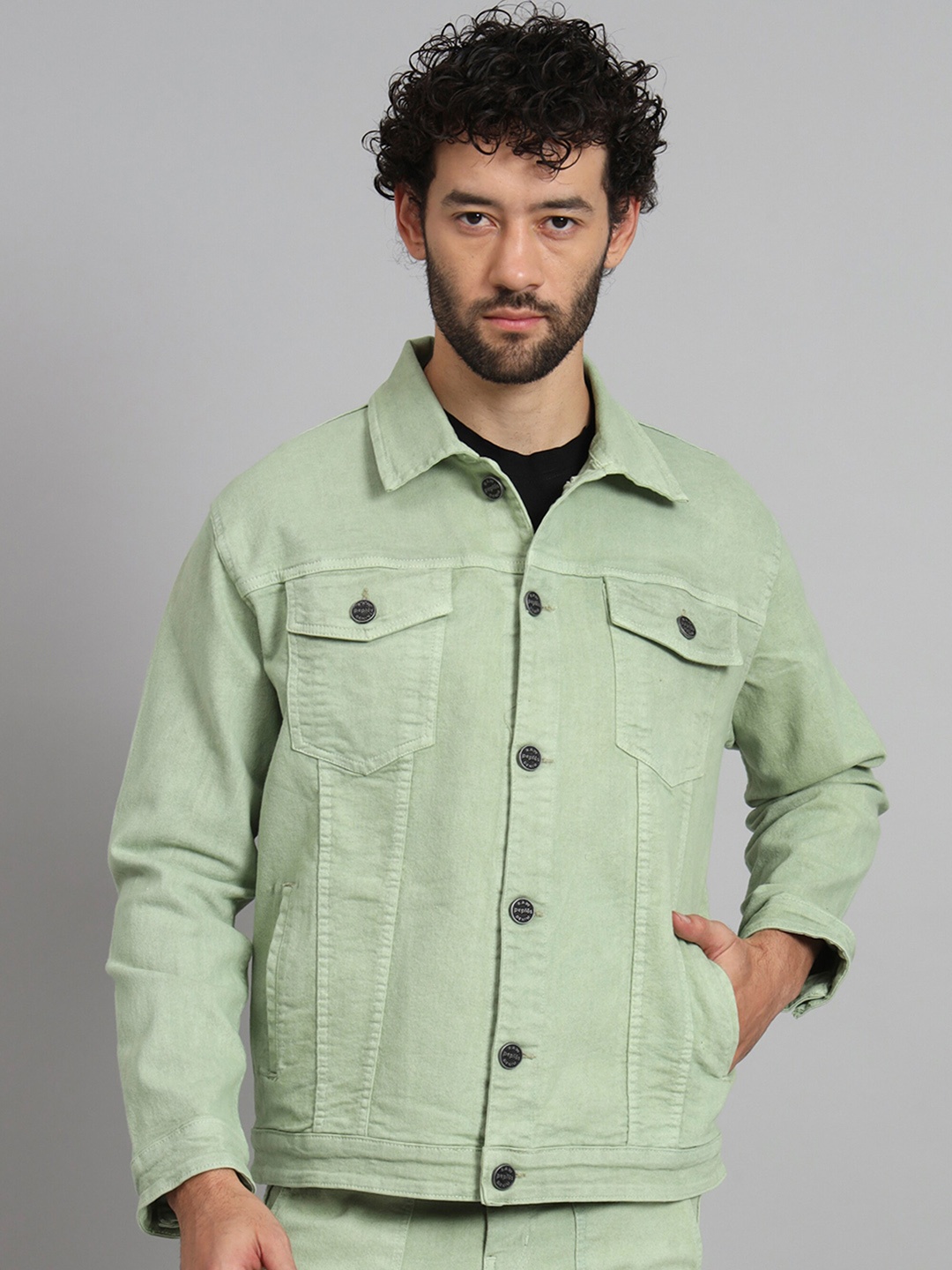 

PEPLOS Spread Collar Lightweight Denim Jacket, Sea green