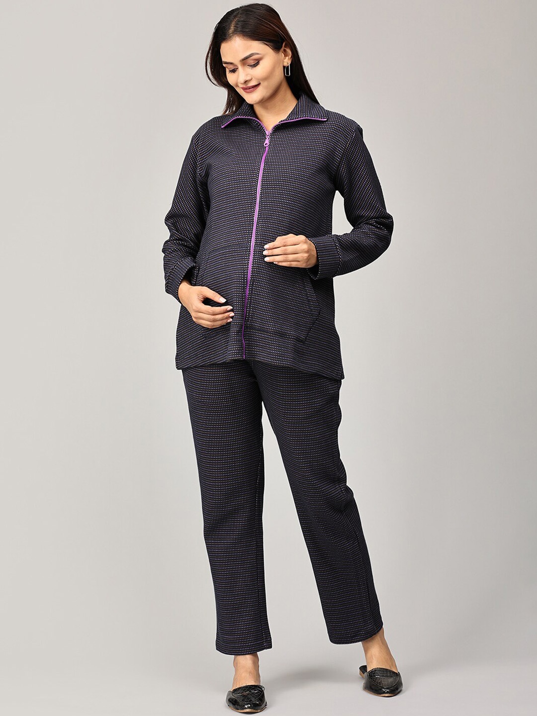 

The Mom Store Printed Shirt Collar Pure Cotton Maternity Jacket With Trousers, Navy blue