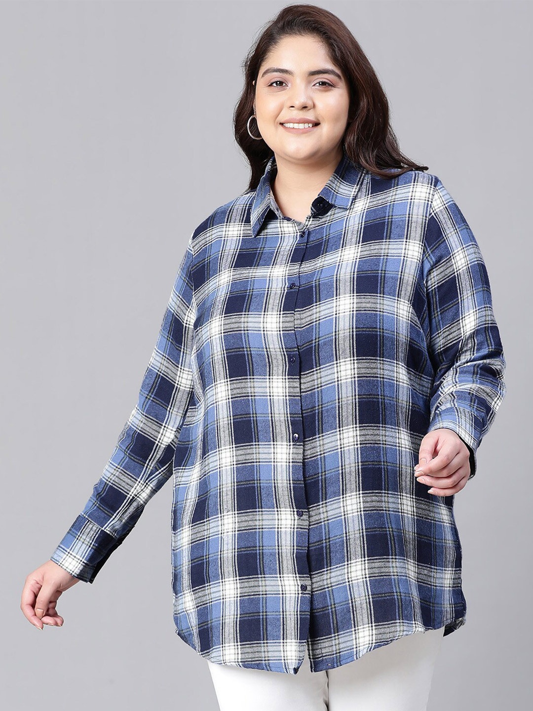 

Oxolloxo Plus Size Smart Tartan Checked Casual Cotton Shirt, Navy blue