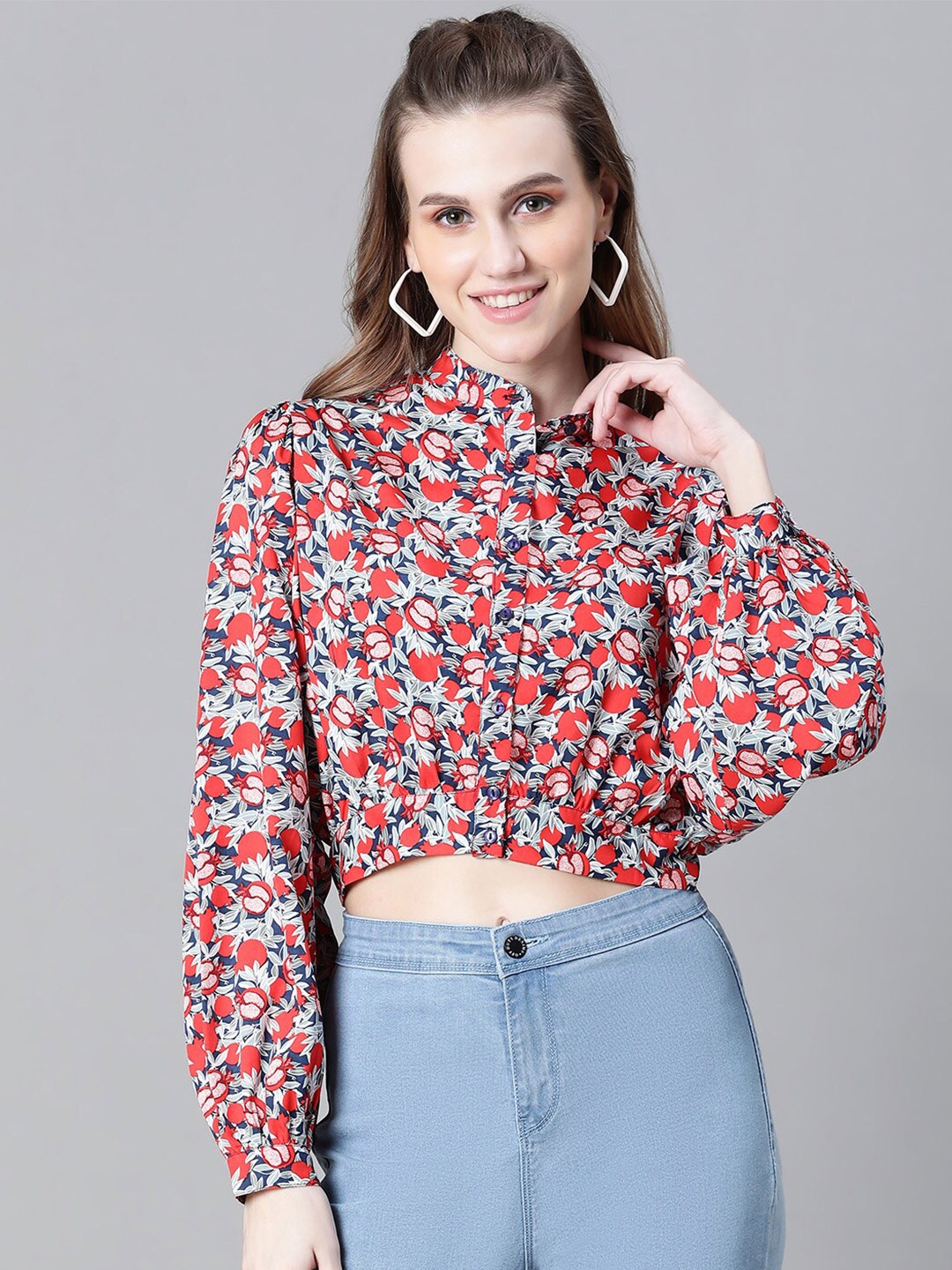 

Oxolloxo Modern Floral Printed Cotton Puff Sleeves Band Collar Cotton Crop Casual Shirt, Navy blue