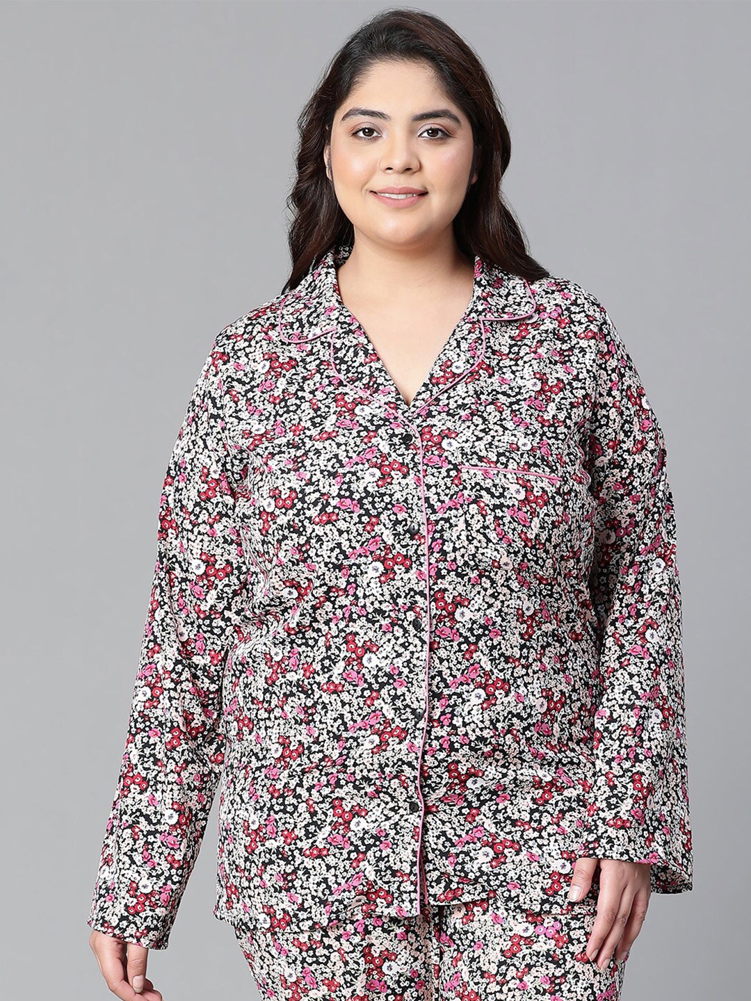 Oxolloxo Pus Size Relaxed Tailored Fit Floral Printed Notched Lapel Collar Casual Shirt, Black