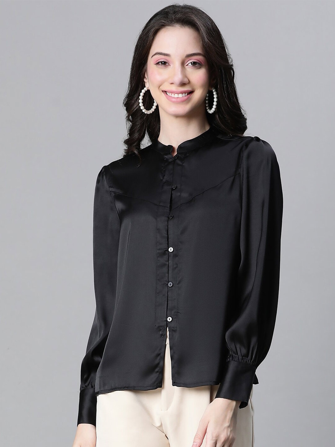 

Oxolloxo Super Mandarin Collar Satin Casual Shirt, Black