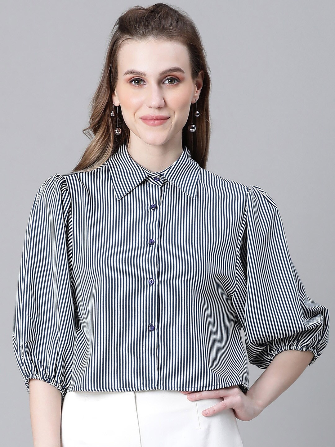 

Oxolloxo Smart Striped Puff Sleeves Crop Casual Shirt, Blue