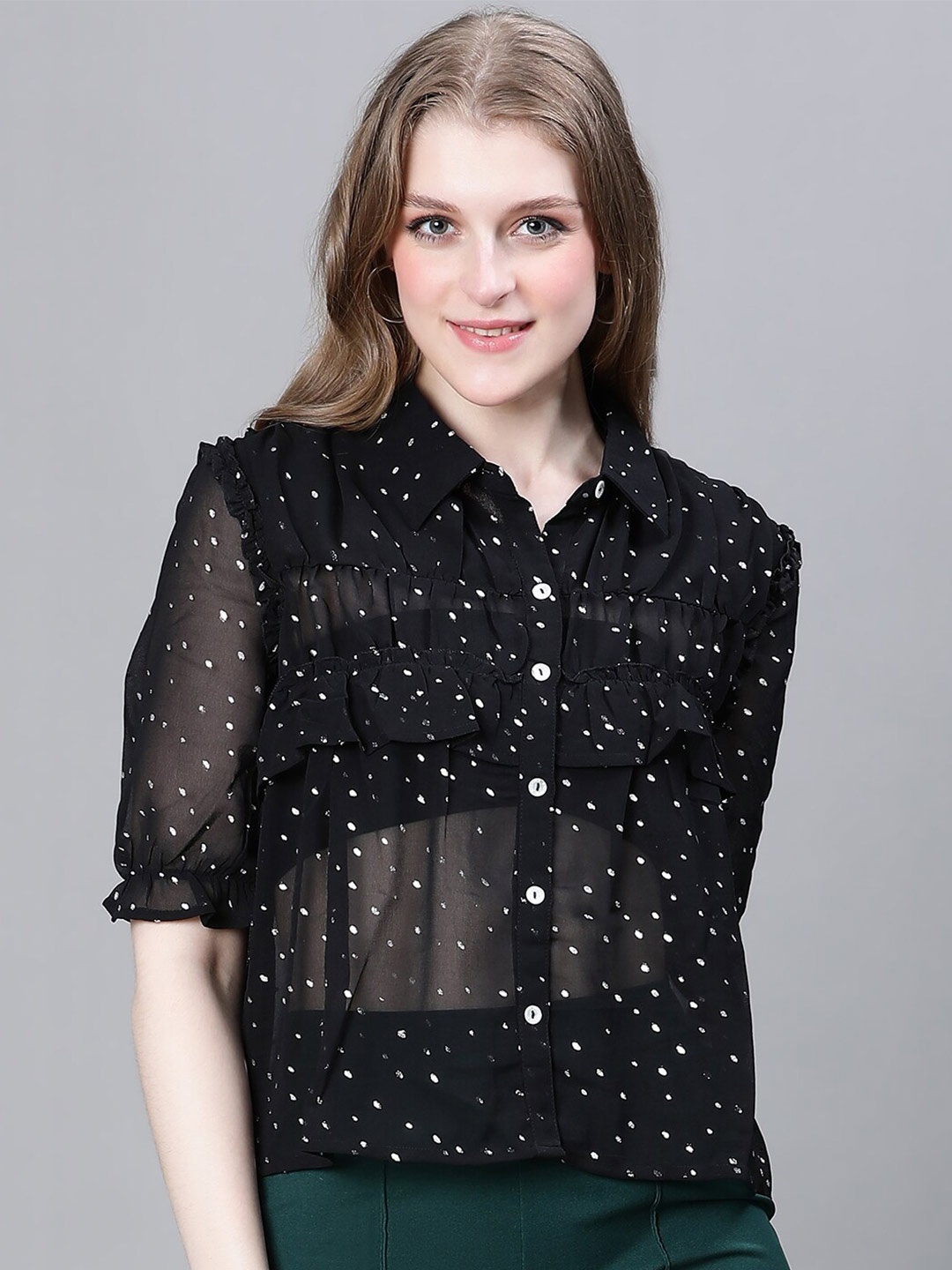 

Oxolloxo Modern Semi Sheer Polka Dot Printed Ruffled Casual Shirt, Black