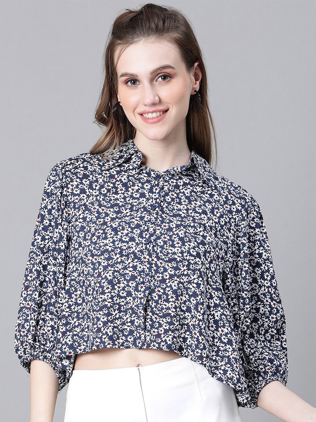 

Oxolloxo Smart Floral Printed Spread Collar Puff Sleeves Crop Casual Shirt, Blue
