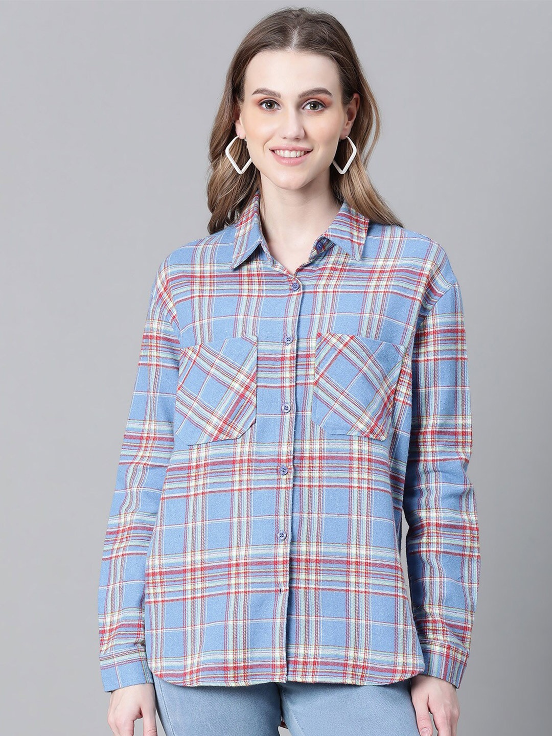 

Oxolloxo Relaxed Tailored Fit Tartan Checks Cotton Casual Shirt, Blue