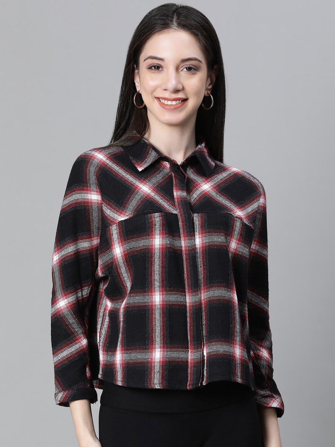 

Oxolloxo Relaxed Boxy Fit Checked Cotton Casual Shirt, Black
