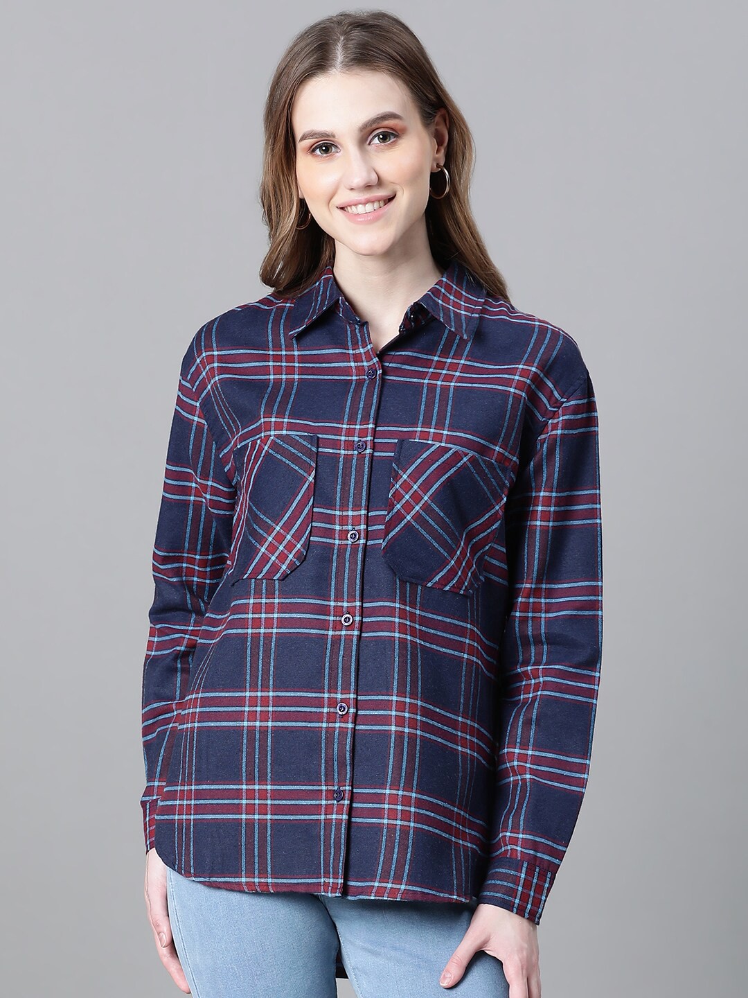 

Oxolloxo Relaxed Tailored Fit Tartan Checks Cotton Casual Shirt, Navy blue