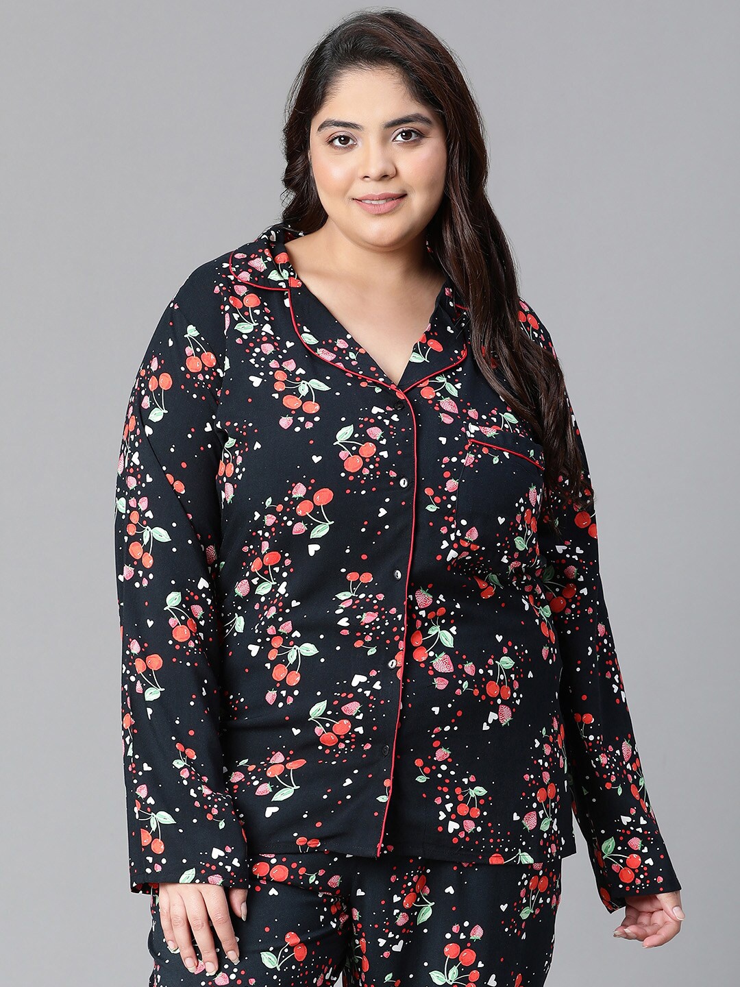 

Oxolloxo Plus Size Relaxed Tailored Fit Floral Printed Lounge Shirt, Black