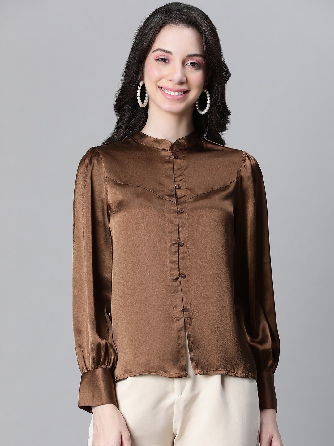 

Oxolloxo Super Mandarin Collar Satin Casual Shirt, Brown