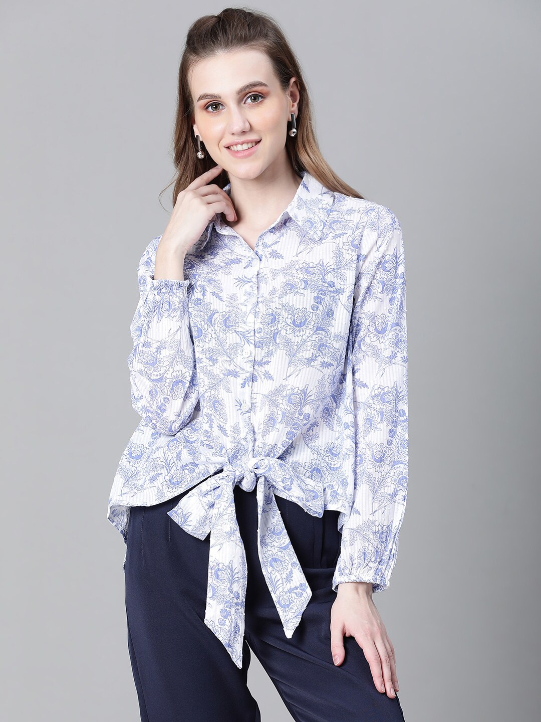 

Oxolloxo Relaxed Floral Printed Tie Up Cotton Casual Shirt, Blue