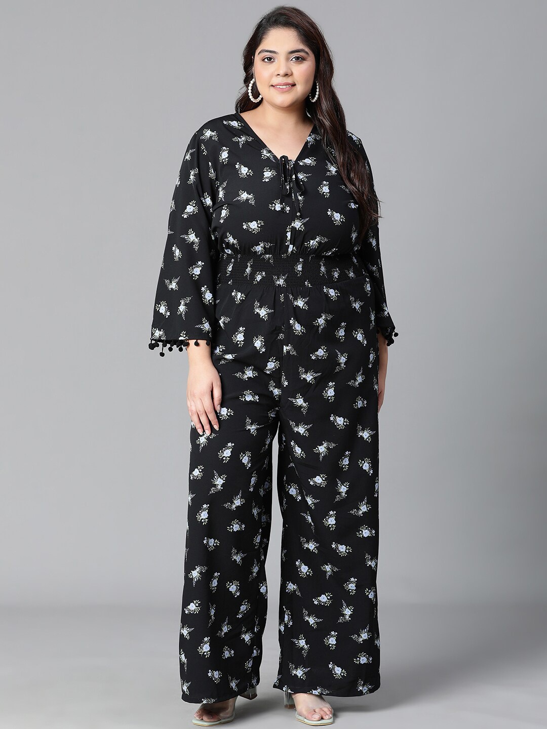 

Oxolloxo Plus Size Printed Tie-Knot Smocked Basic Jumpsuit, Black