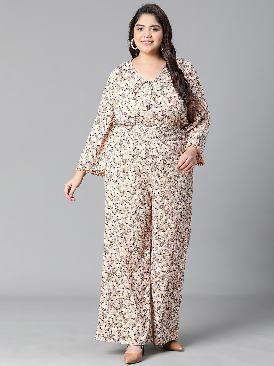 

Oxolloxo Plus Size Printed Tie-Knot Smocked Basic Jumpsuit, Pink