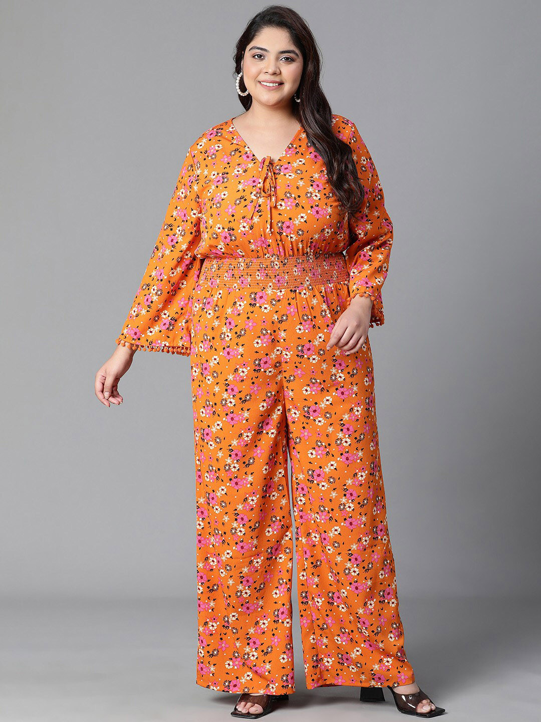 

Oxolloxo Plus Size Printed Tie-Knot Smocked Basic Jumpsuit, Orange