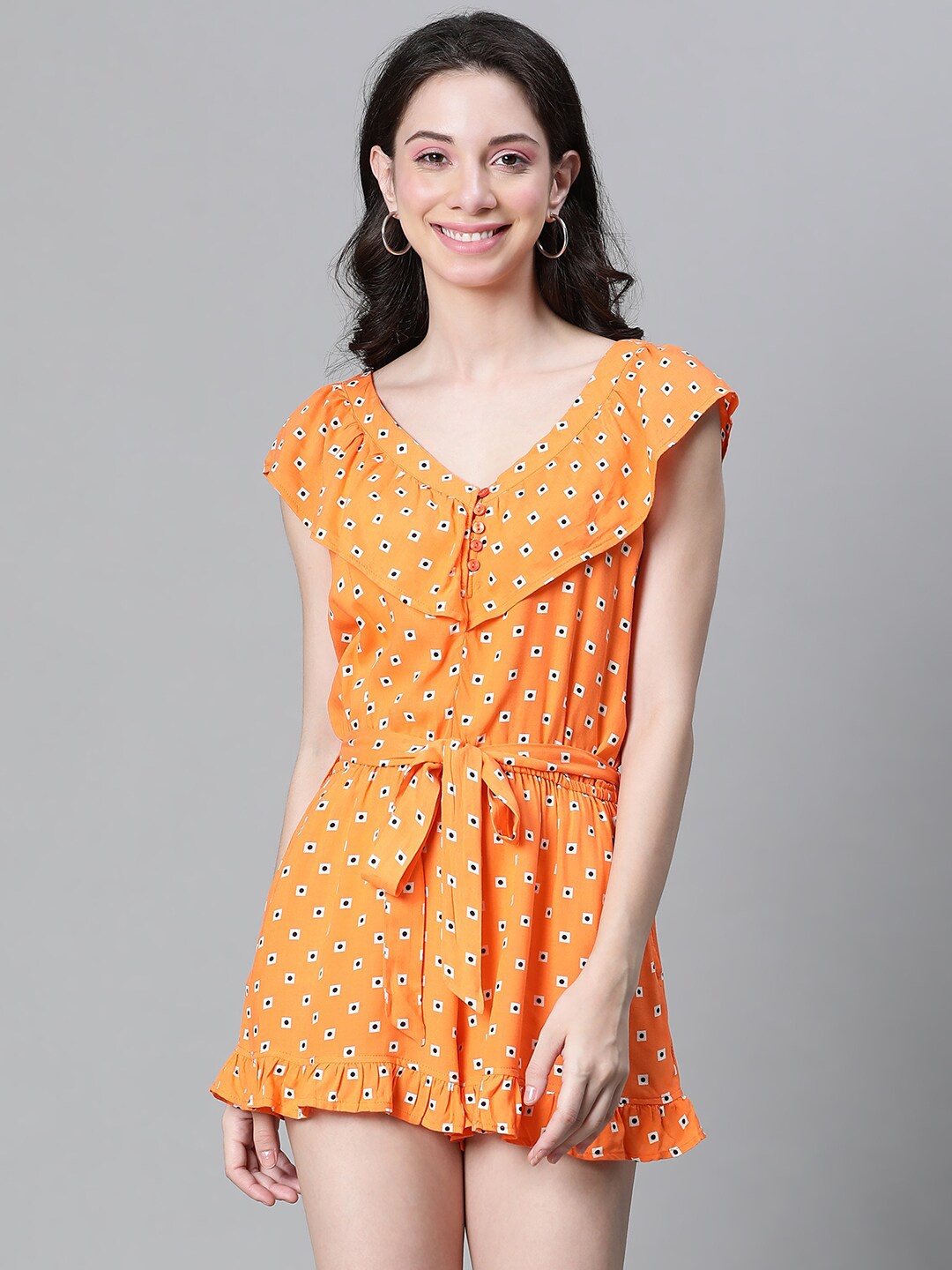 

Oxolloxo Printed Ruffles Belted Jumpsuit, Orange