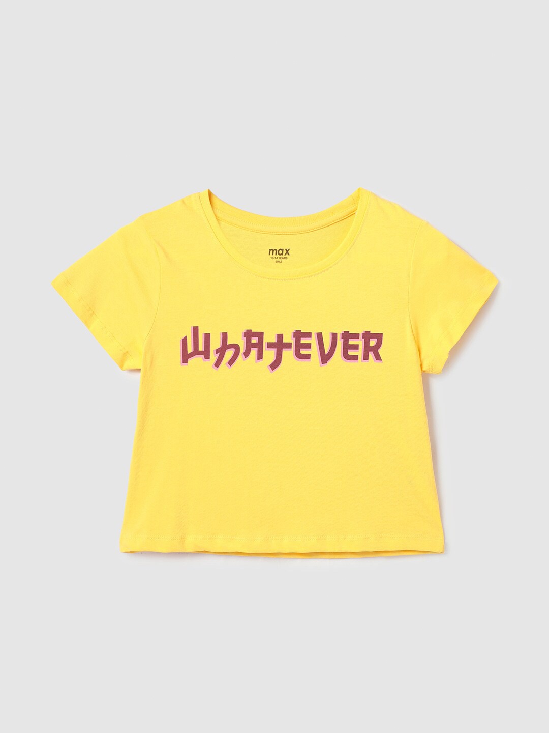 

max Girls Typography Printed Cotton T-shirt, Yellow