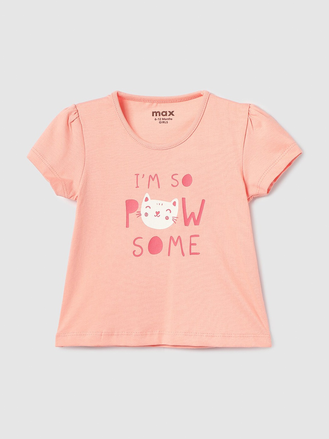 

max Girls Typography Printed Casual Pure Cotton T-shirt, Peach