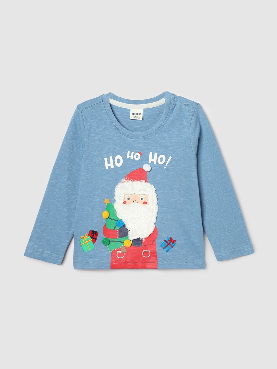 

max Boys Santa Claus Printed Applique Cotton T-shirt, Blue
