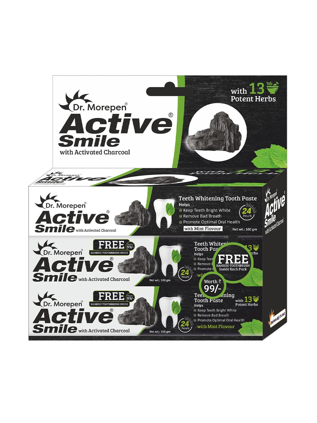 

Dr. Morepen Set of 6 Active Smile Charcoal Toothpaste with Bamboo Brush - 100 g Each, Black