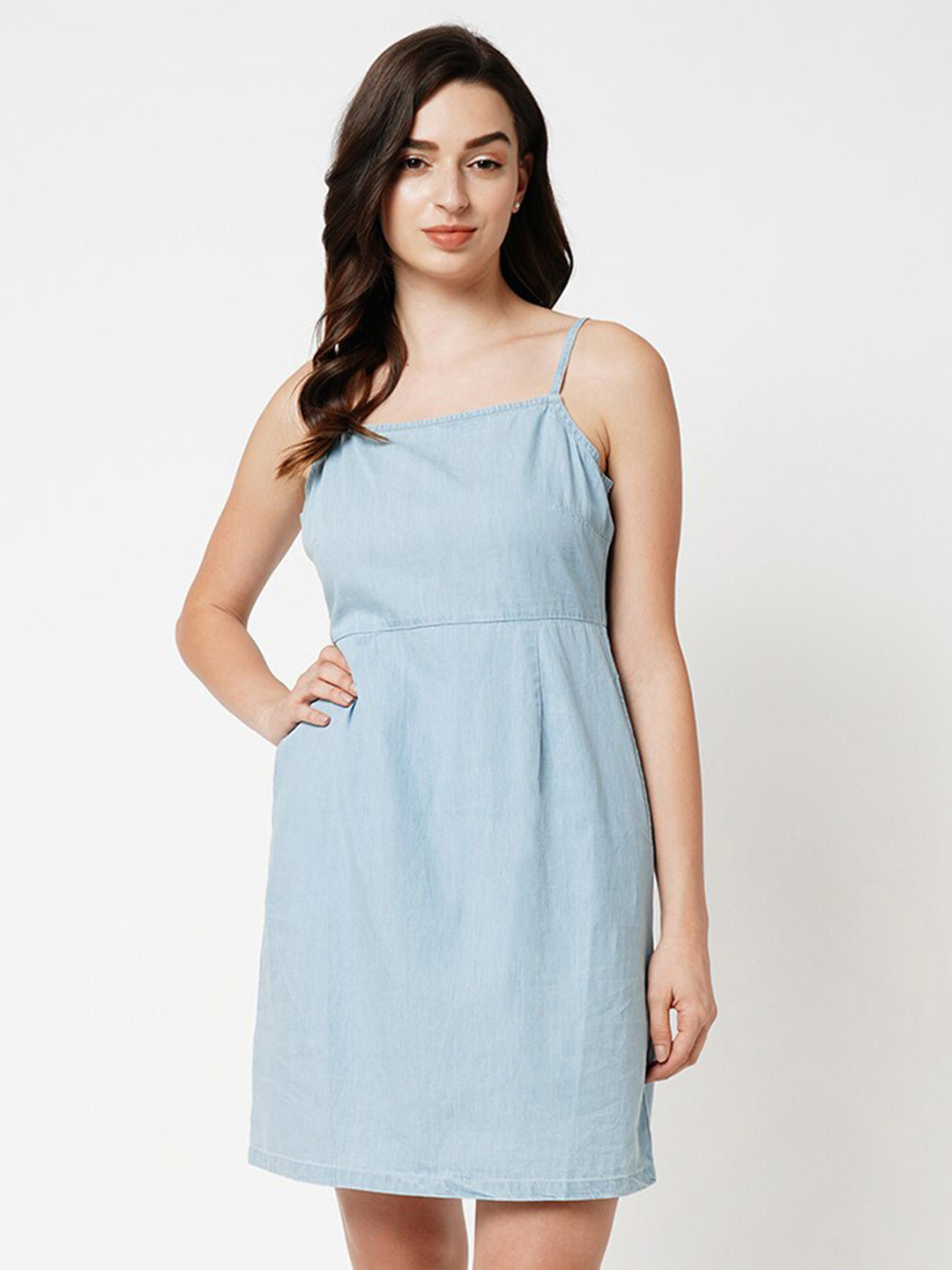 

ONLY Shoulder Straps Pure Cotton Denim Mini A-Line Dress, Blue