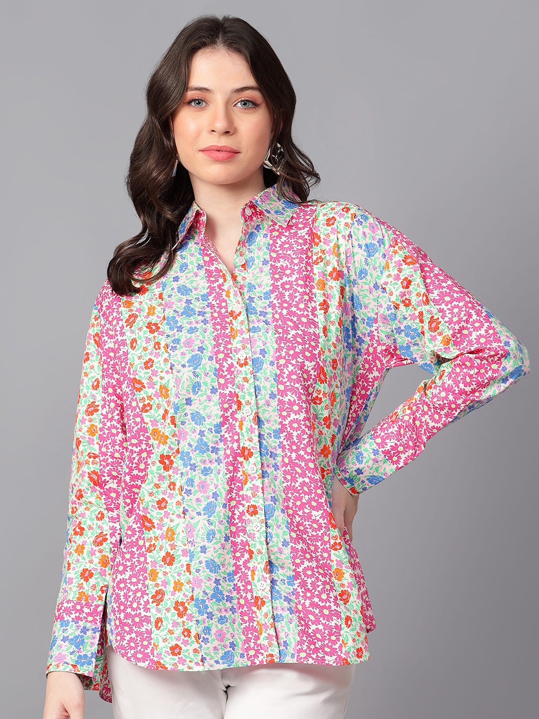 

Hencemade Comfort Floral Printed High-Low Cotton Oversized Shirt, Pink