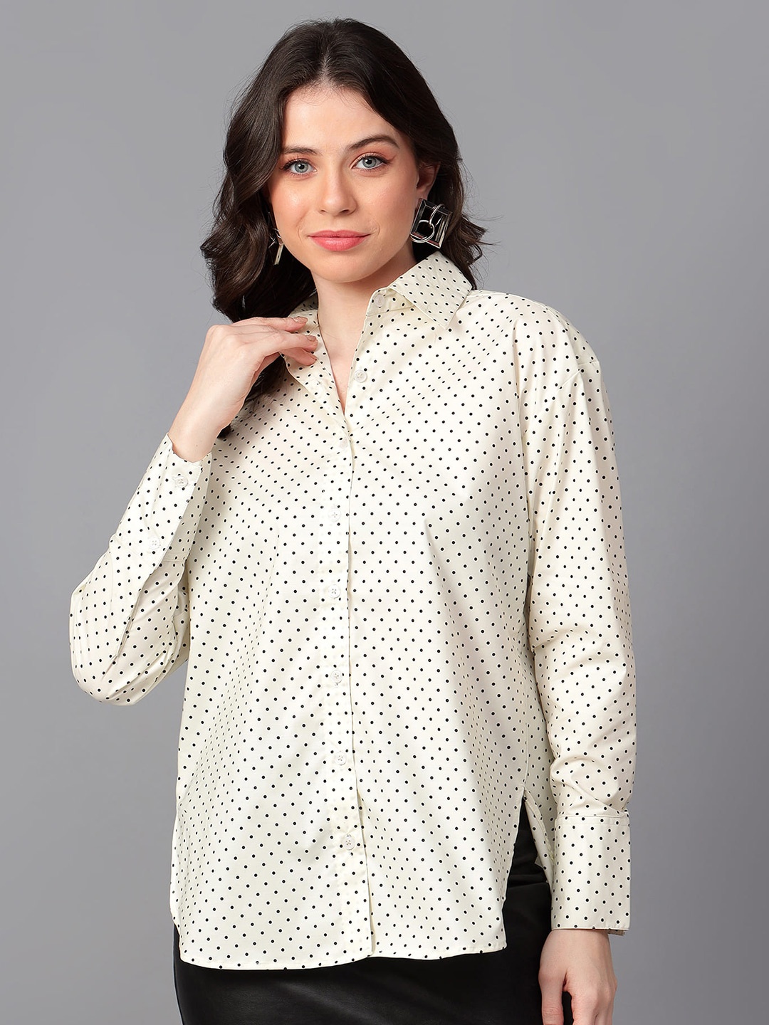 

Hencemade Comfort Polka Dots Printed High-Low Cotton Oversized Shirt, Off white