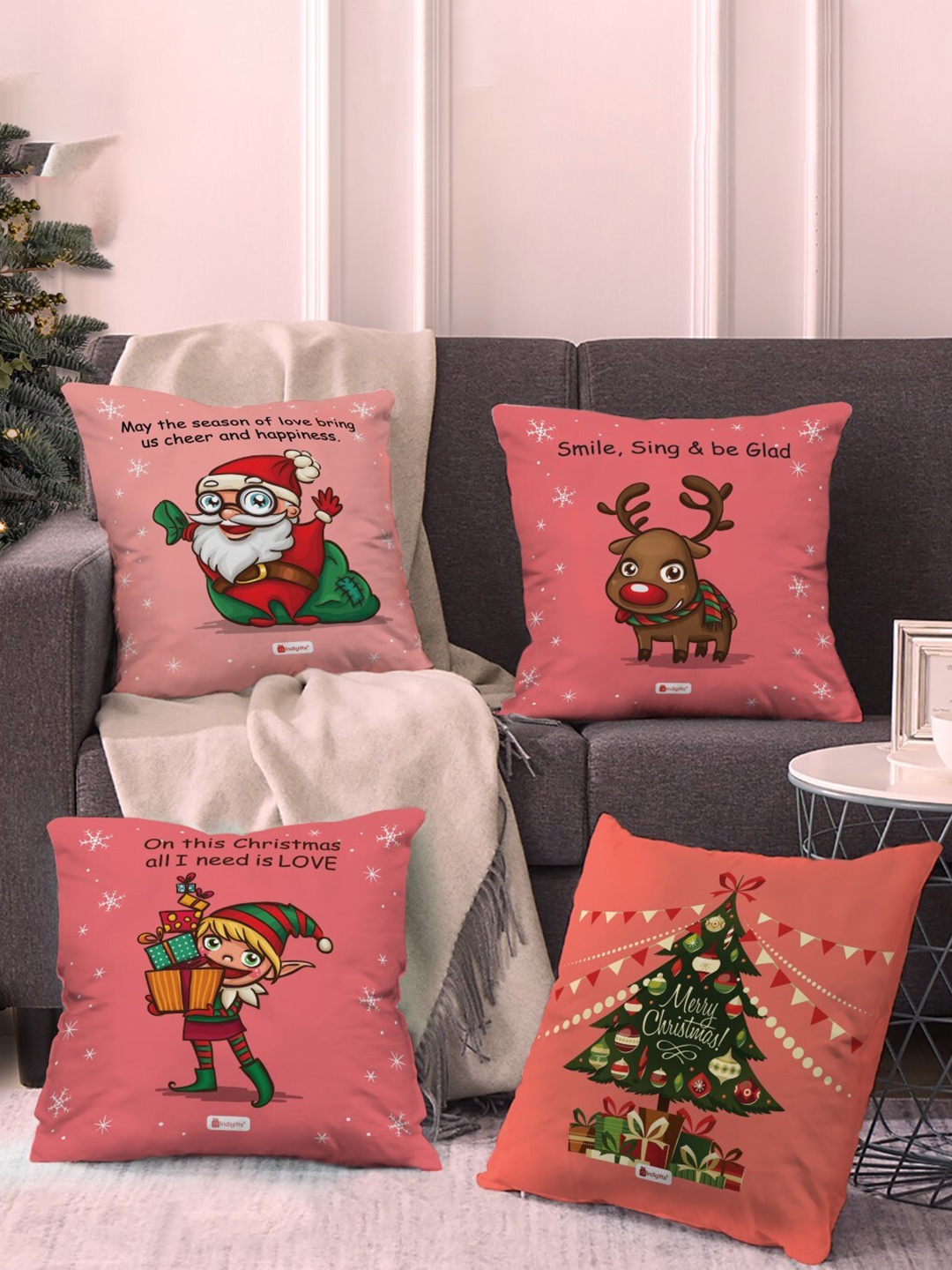 

Indigifts Red & Pink 4 Pieces Cartoon Characters Square Cushion Covers