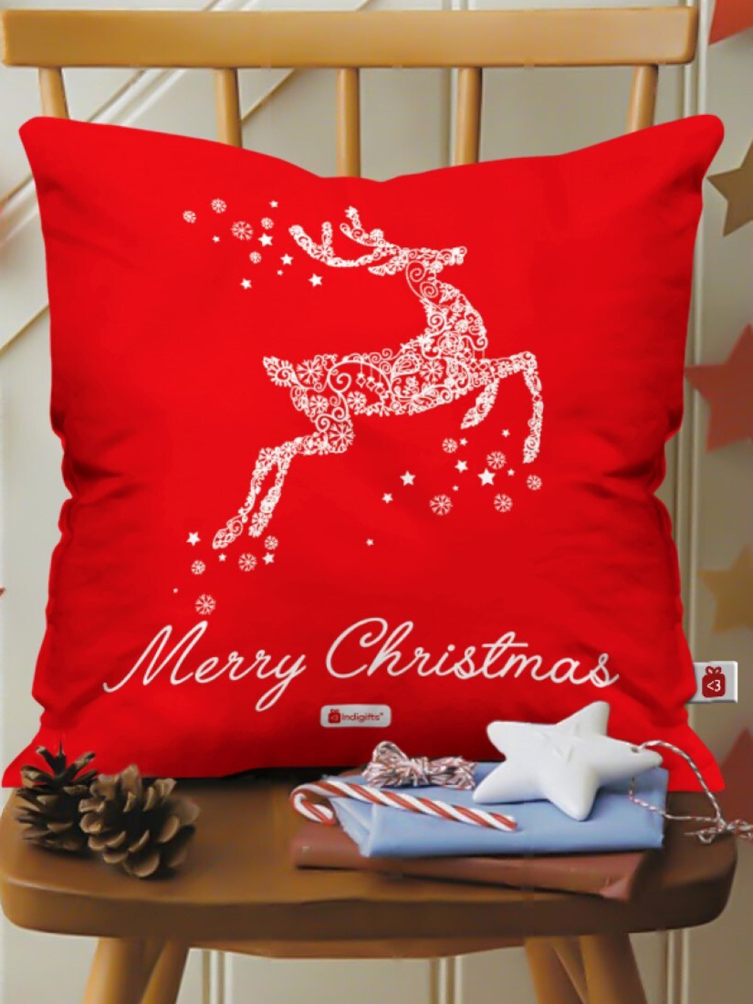 

Indigifts Xmas Red & White Merry Christmas Sweat Proof Square Cushion Cover