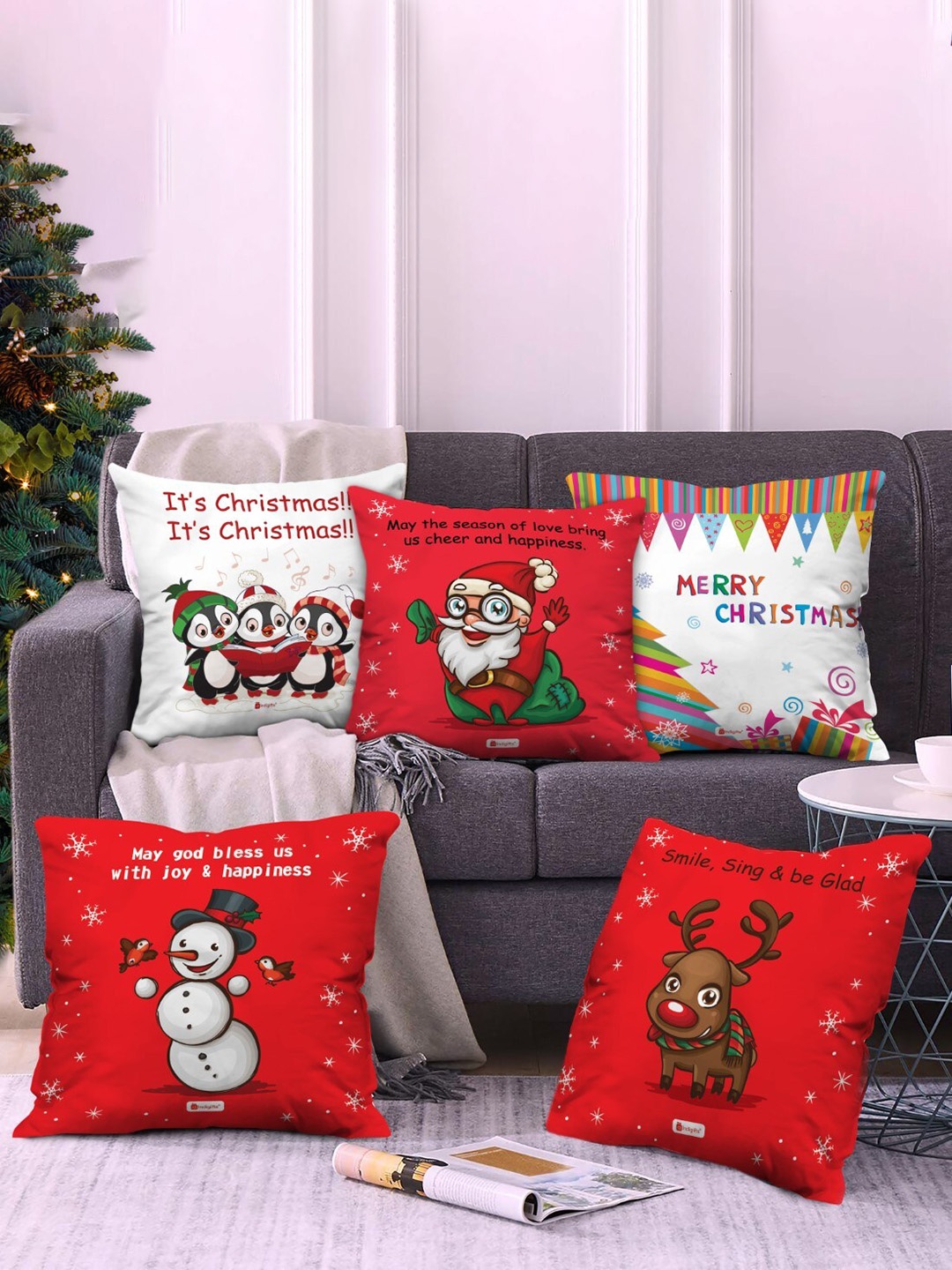 

Indigifts Red & White 5 Pieces Cartoon Characters Square Cushion Covers